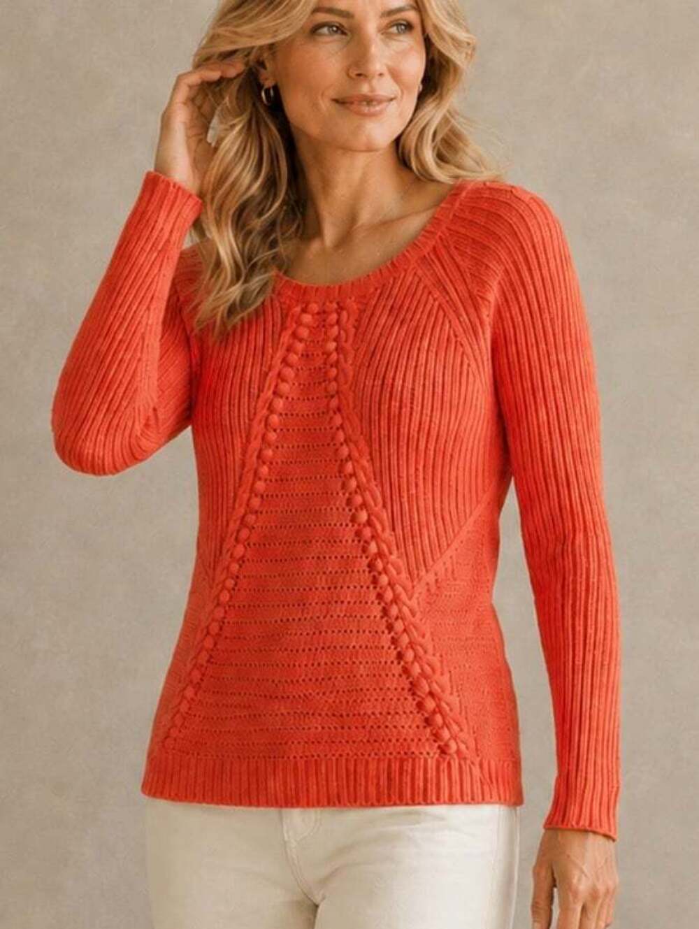 Ruby Rd Coral Cotton Blend Open Knit Bobble Cable Sweater